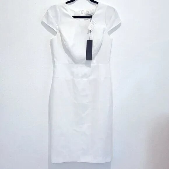 HALSTON | White Pencil Dress w/ Cap Sleeves & Jewel-Neckline | Size 6 / Small - Picture 1 of 11
